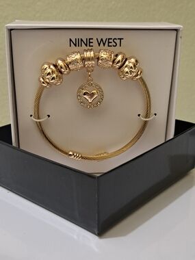 Nine West Heart Charm Beaded Cable Bracelet